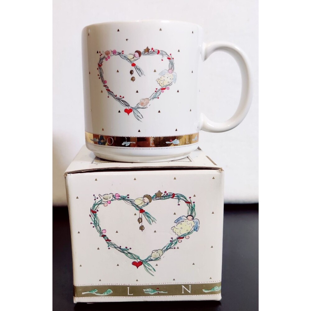 MICHEL & CO Twig Heart, Angels, Flowers "NOEL" Coffee Mugs Cup w/Box